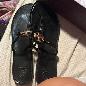 Tory Burch Black Jelly Thong Sandals with Gold Logo
